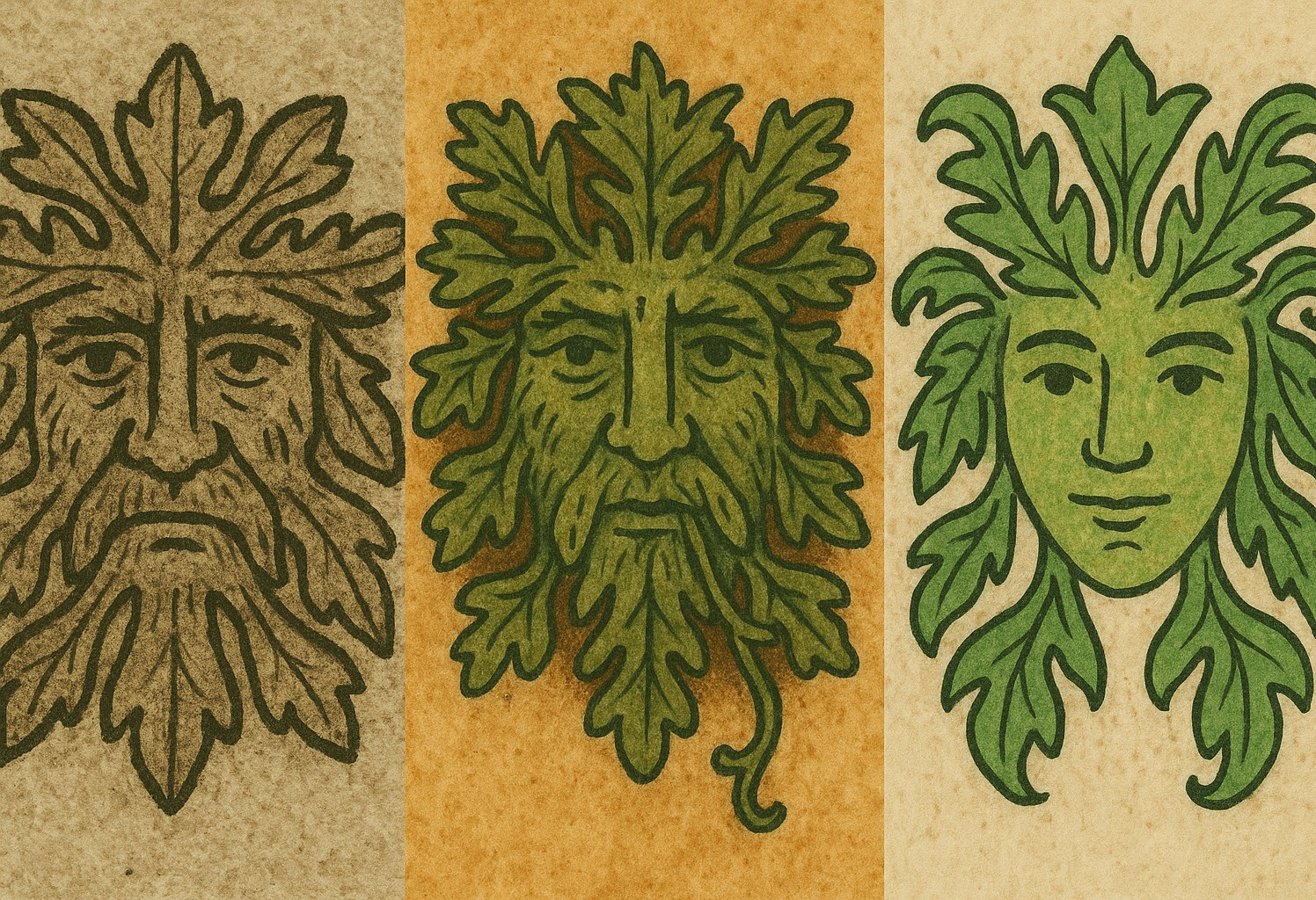 An image showing three different depictions of the green man
